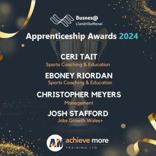 We have some amazing news to share with you all today... Four of our learners have been shortlisted for the Grŵp Llandrillo Menai regional Apprenticeship Awards 2024! A huge congratulations to: 🎉 Ceri Tait 🎉 Eboney Riordan 🎉 Christopher Meyers 🎉 Josh Stafford We're so proud of all your achievements, a huge well done from everyone at Achieve More Training! Keep your eyes on our socials this week as we'll be sharing more details about each individual and their amazing work. You can find out more about the awards and the nominations here: https://awards.gllm.ac.uk/