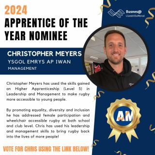 ⭐ CHRISTOPHER MEYERS ⭐ After completing his Level 5 Apprenticeship in Leadership and Management, Chris has used these skills to make rugby accessible to everyone; both at school and local club level. Chris has developed his skills across different sectors whilst ensuring that pupils of Ysgol Emrys Ap Iwan, Abergele and young people and staff within the WRU are provided with quality experiences rooted in rugby and data analysis. Well done Chris, your work has had an incredible impact! 🎉 You can vote for Chris here: https://awards.gllm.ac.uk/2024/management