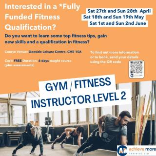 🏋️UPCOMING WEEKEND COURSE🏋️ 💪Level 2 Fitness Instructor Course - must be +16yrs 💰FULLY FUNDED 📍Deeside Leisure Centre 📧laura@achievemoretraining.com 📞01745 797 797 👇SCAN QR CODE TO BOOK