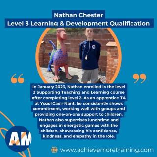Nathan enrolled onto Level 3 Supporting Teaching and Learning in schools in January 2023, after progressing from completing Level 2 Supporting Teaching and Learning.📚 Nathan is an apprentice TA in Ysgol Cae'r Nant. Nathan is always pleasant and polite and ready to learn and help⚡. Read more- https://achievemoretraining.com/news/item/nathan-chesters-ta-apprentice