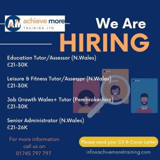 JOIN OUR TEAM! We have 4 new exciting roles that we are recruiting to. If you have a passion for working in the sectors of Education, Fitness & Sport take a closer look 👇 YMUNWCH Â'N TÎM! Mae gennym 4 rôl gyffrous newydd yr ydym yn recriwtio ar eu cyfer. Os oes gennych angerdd am weithio yn y sectorau Addysg, Ffitrwydd a Chwaraeon edrychwch yn agosach 👇 https://achievemoretraining.com/vacancies